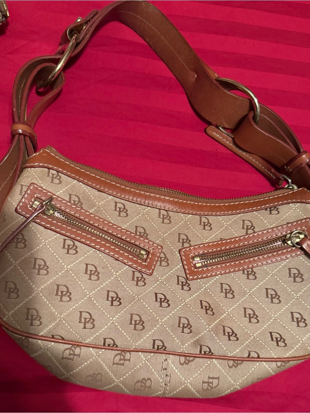 Dooney & Bourke Tan Monogram Shoulder Bag with Brown Trim
